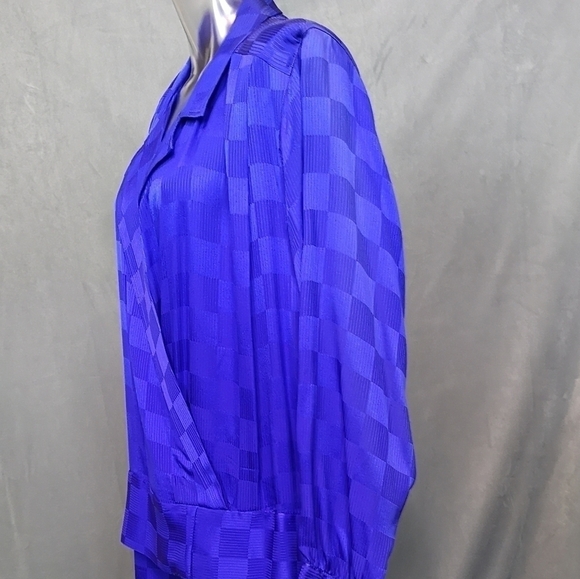 Neo-vintage Royal Blue Drop Waist Silk Satin Checker Board Balloon Skirt Dress - Picture 5 of 15